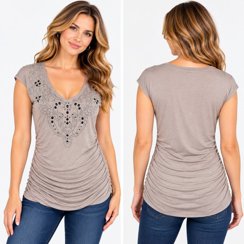 Apt 9 Womens Tan V Neck Embellished Ruched Side Cap Sleeve Blouse Top Medium